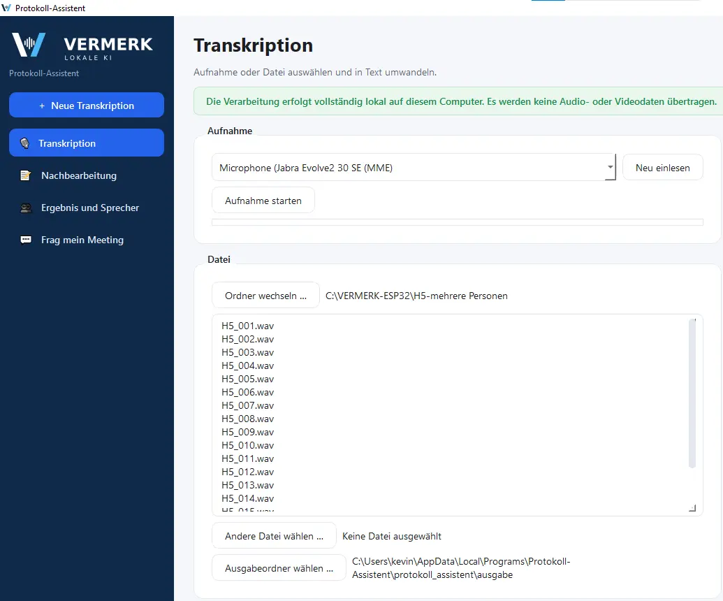 Aufnahme und Audioimport in VERMERK